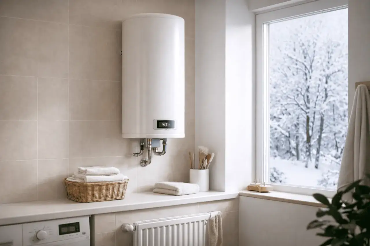 Scaldabagno elettrico da 50 litri, ideale per 2 persone. Sul display la temperatura è impostata a 50°C.