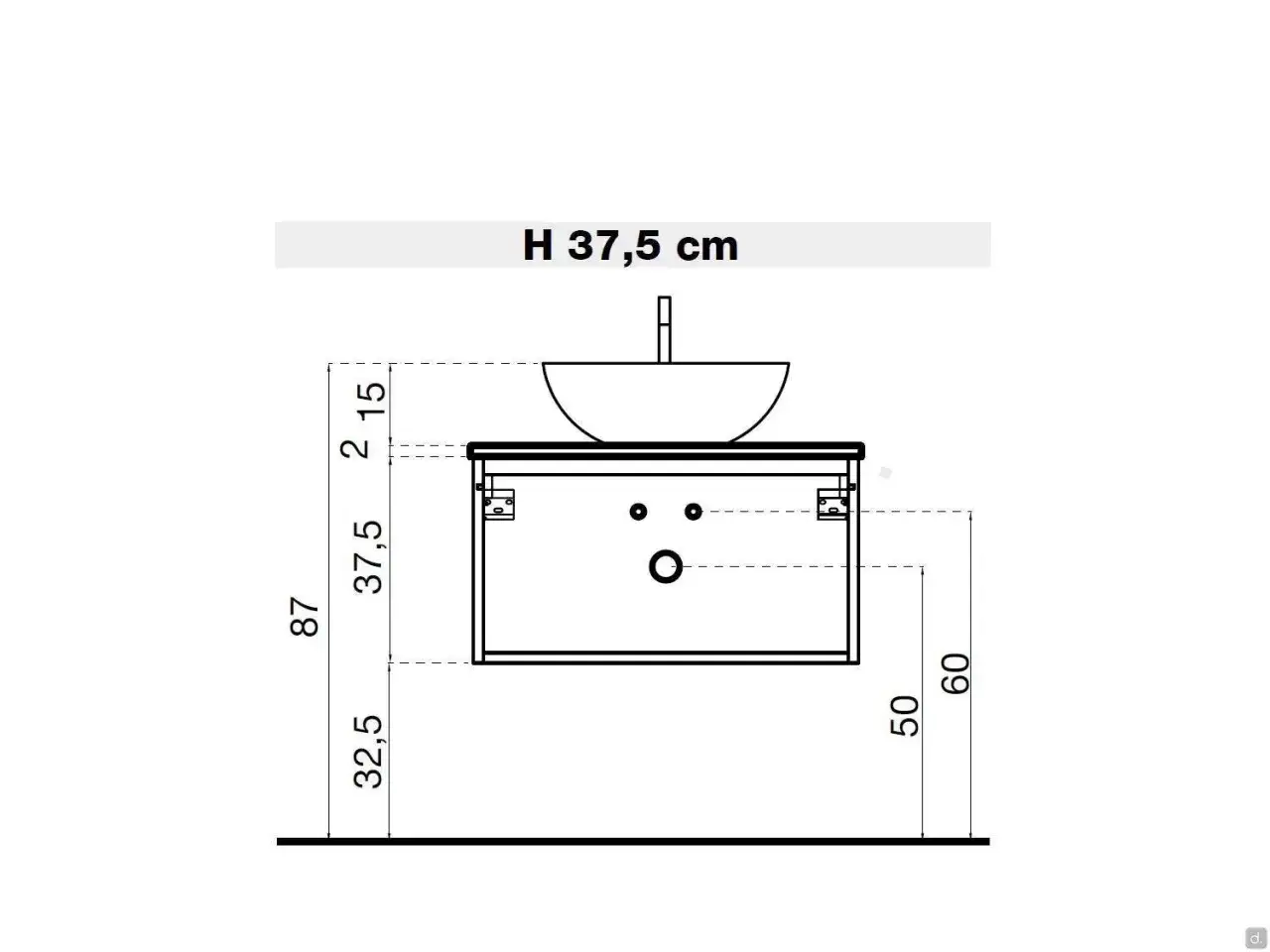 Disegno tecnico di un mobile bagno con lavabo. L'altezza totale del mobile è 87 cm, mentre l'altezza del lavabo è 37,5 cm.