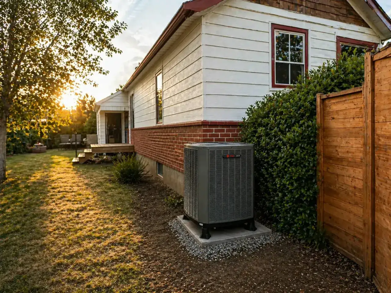 Pompa di calore esterna, ideale per un'abitazione di 150 mq, installata in un giardino al tramonto.