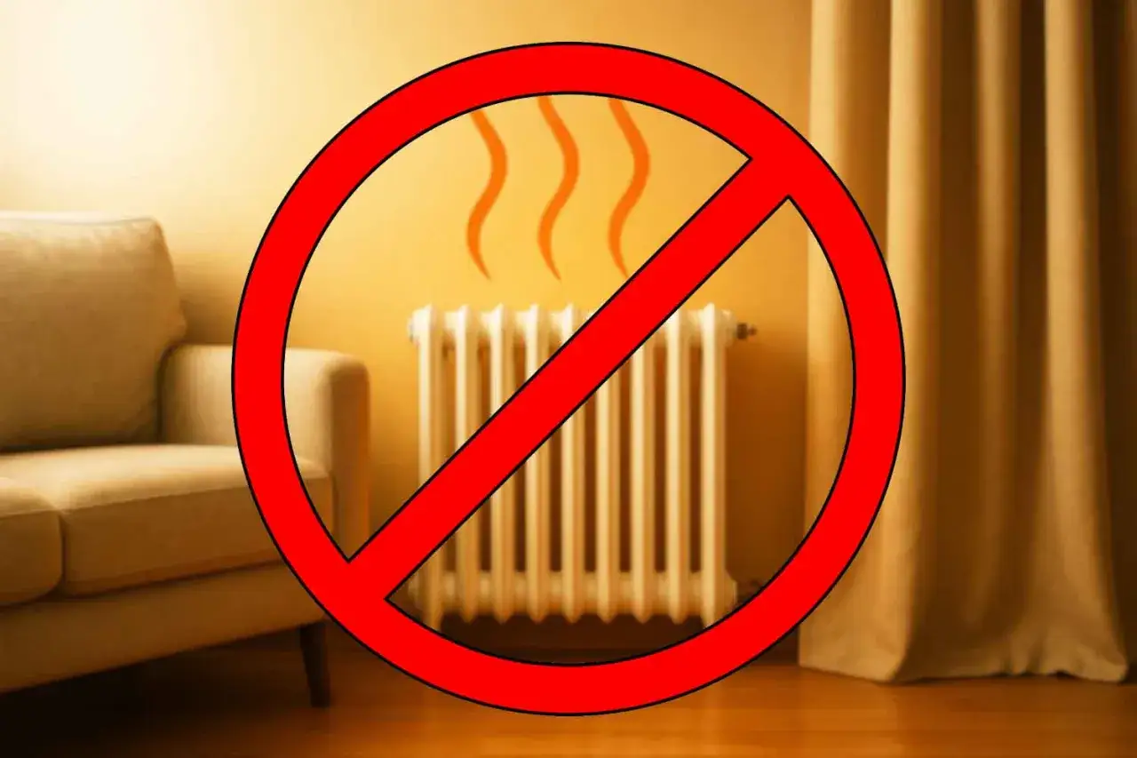 Divano vicino al termosifone con segnale di divieto. Non posizionare mobili davanti al termosifone per non bloccare il calore.