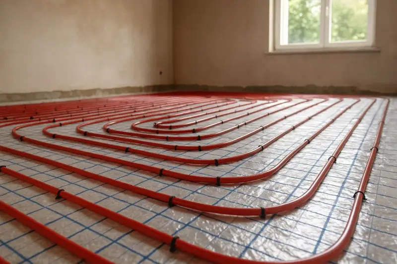 Sistema di riscaldamento a pavimento con tubi rossi disposti a spirale su una griglia blu. L'installazione è pronta per il massetto, garantendo un comfort termico ottimale.