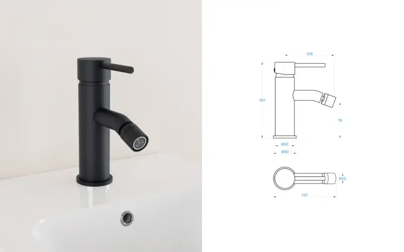 Rubinetto bidet nero opaco, moderno e funzionale, con dettagli tecnici e misure.