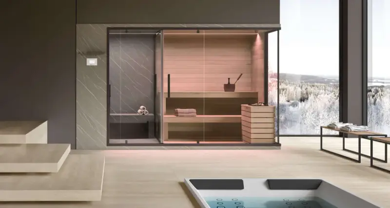 Interno moderno con sauna in legno, doccia e vasca idromassaggio, ideale per chi cerca idee su come costruire una sauna.