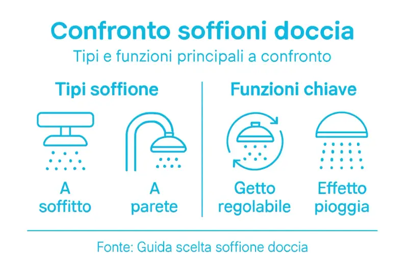 Confronto tipi e funzioni soffioni doccia: a soffitto, a parete, getto regolabile, effetto pioggia. La dimensione soffione doccia varia.